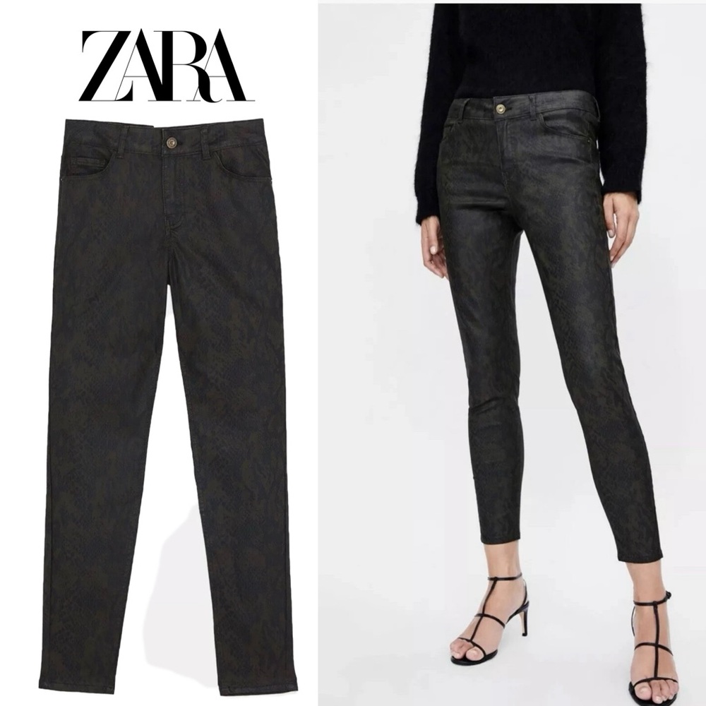 Zara Z1975 Snakeskin Printed Denim Jeans Pants Waxed Finish Sz 6 38